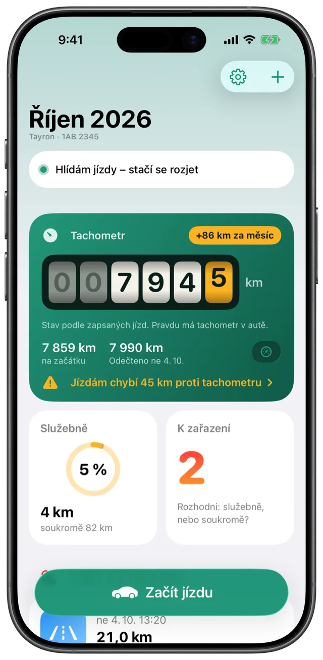 Puťovka na iPhonu — přehled měsíce s tachometrem, jízda na mapě a graf dní